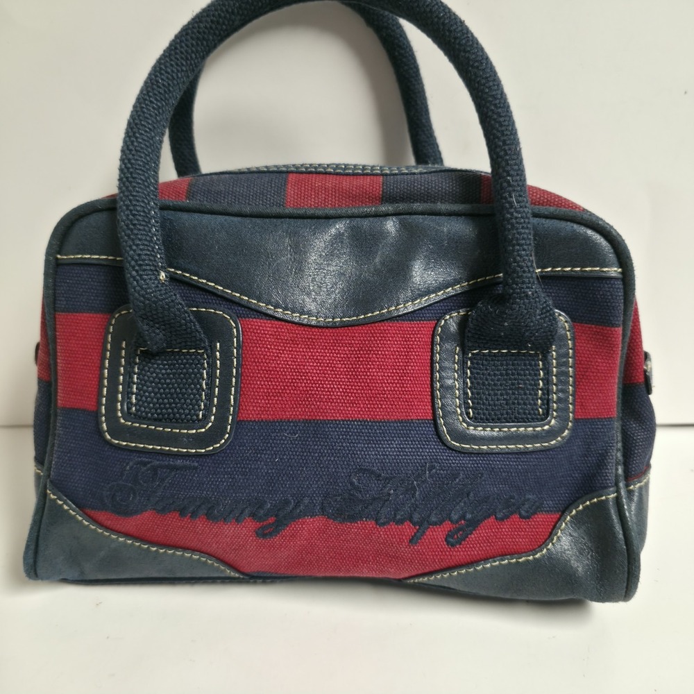 VTG Tommy Hilfiger Small Aruba Satchel Zip Red Navy Blue Handbag Canvas Striped